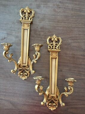 Syroco vintage Ornate Gold Wall Sconces Pair - Classic Decorative Candle Holders